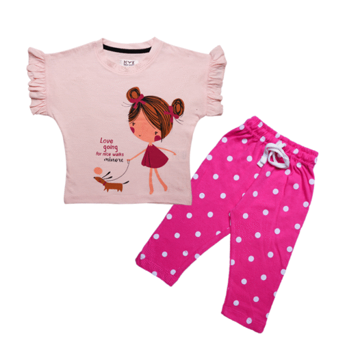 Girls' Baby Pink Ruffle T-Shirt & Polka Dot Pajama Set - Image 3
