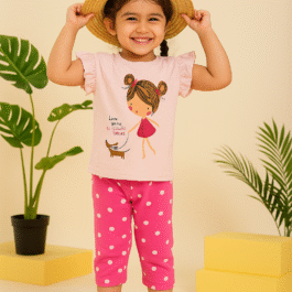 Girls’ Baby Pink Ruffle T-Shirt & Polka Dot Pajama Set