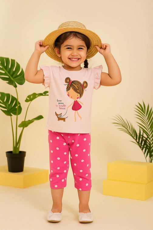 Baby Pink Ruffle Sleeve T-Shirt & Polka Dot Pajama Set