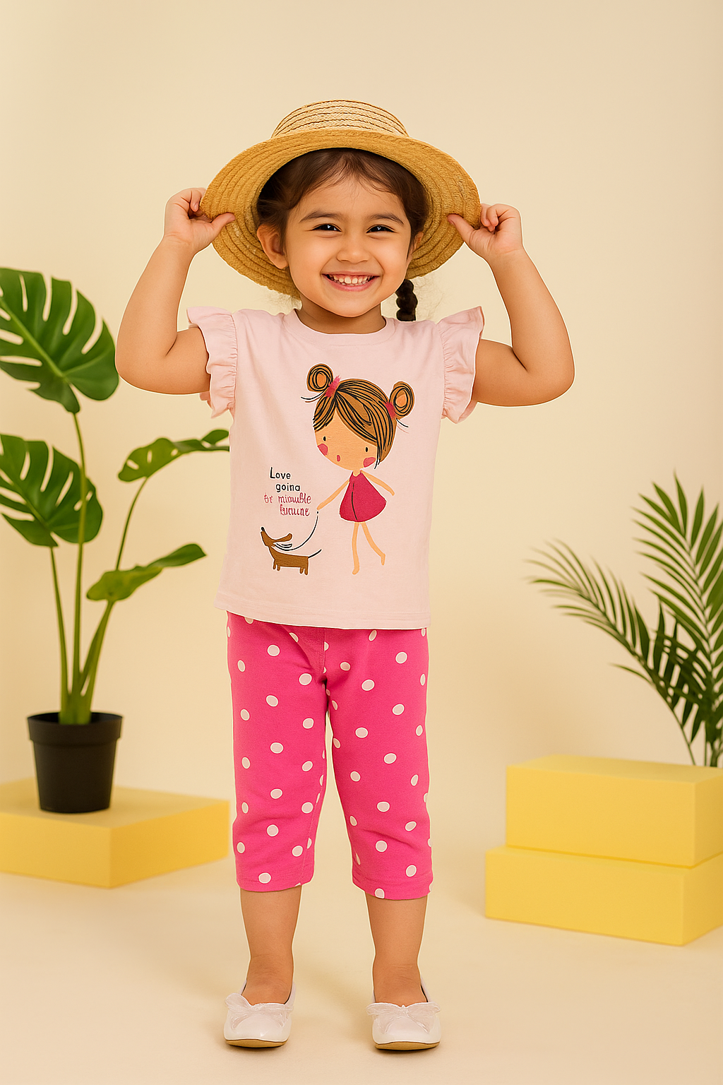Baby Pink Ruffle Sleeve T-Shirt & Polka Dot Pajama Set