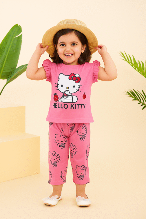 Hello Kitty Ruffle Sleeve T-Shirt & Printed Pajama Set