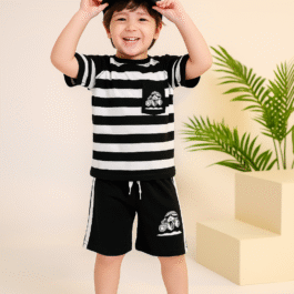 Boys’ Summer Striped Monster Truck Outfit – Black & White