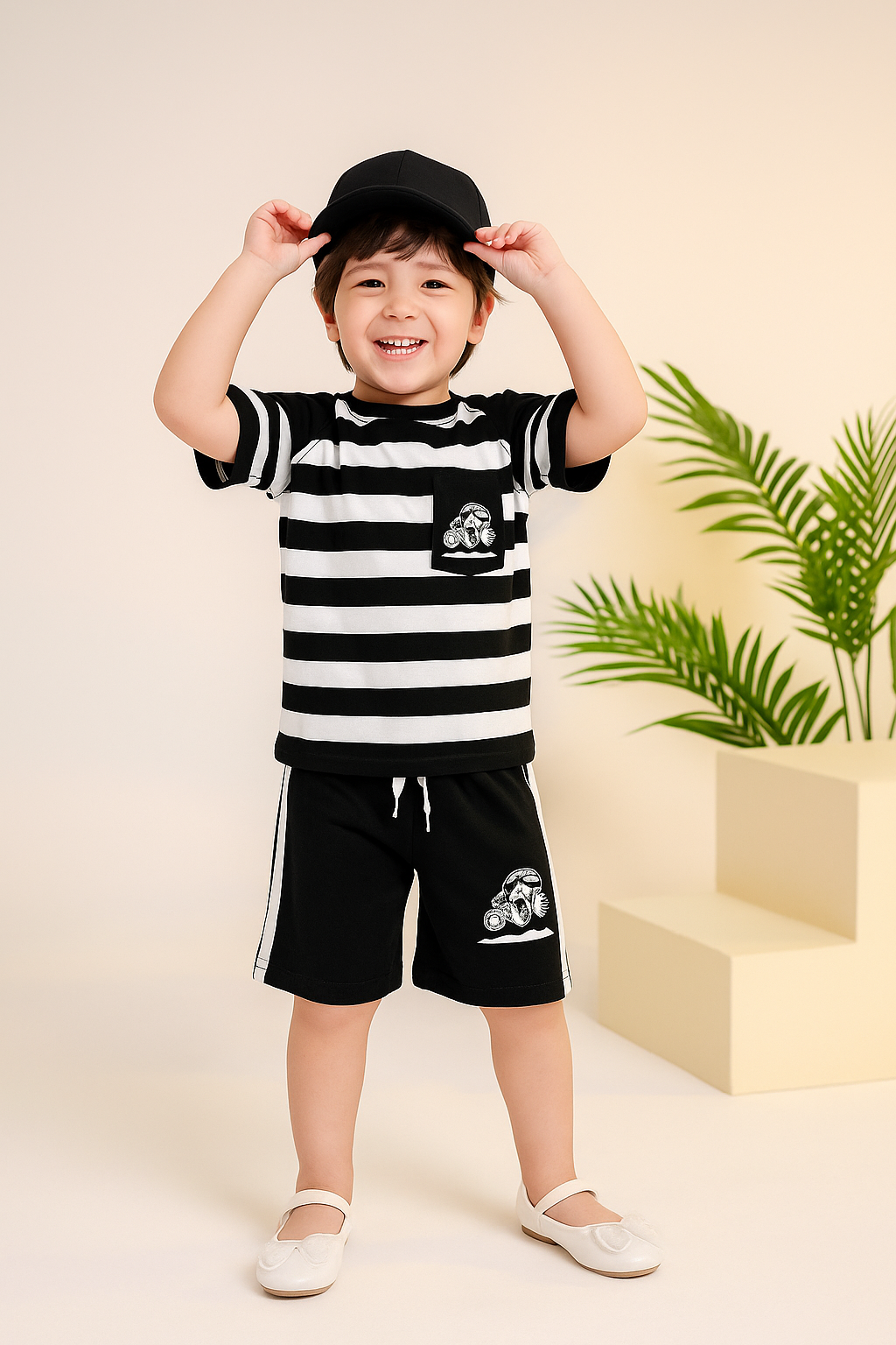 Boys' Summer Striped Monster Truck Outfit – Black & White