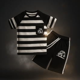 Boys’ Summer Striped Monster Truck Outfit – Black & White
