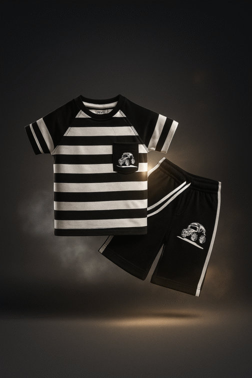 Boys' Summer Striped Monster Truck Outfit – Black & White