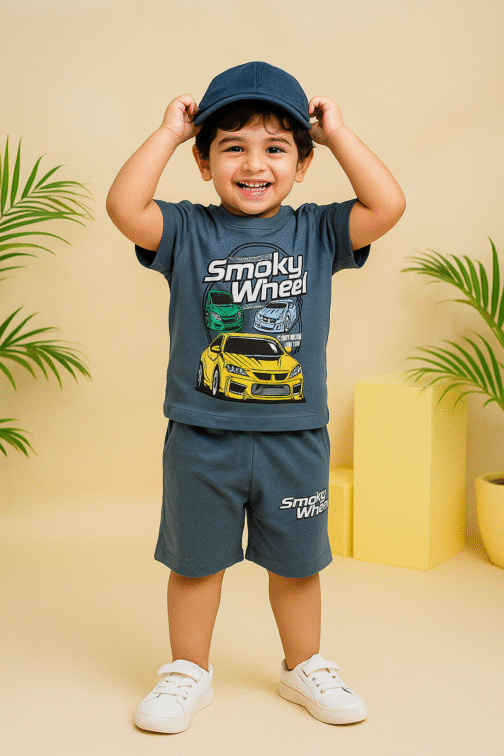 Smoky Wheel Racing Car T-Shirt & Shorts Set
