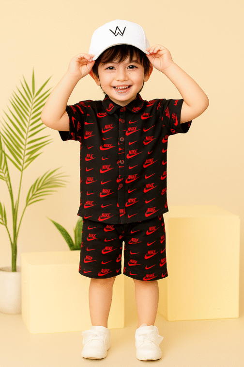 Bold Summer Linen Co-Ord Set – Black & Red Nike Print