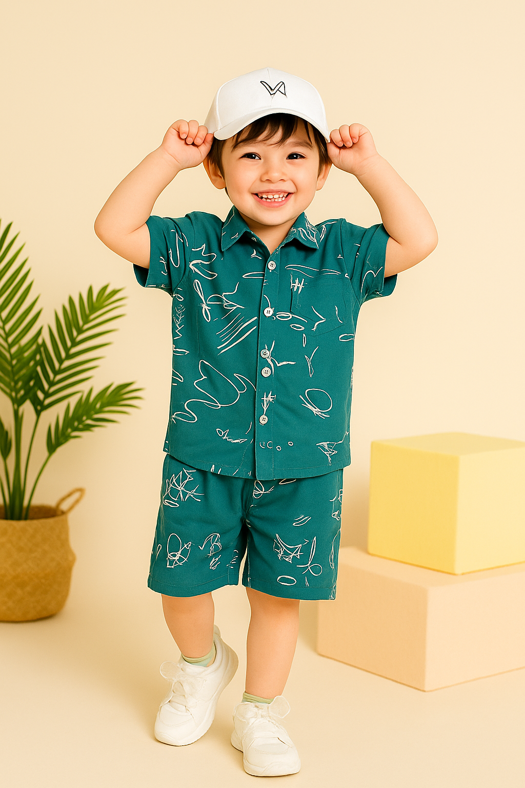 Create image Create a high-resolution vertical studio photo (4:5 aspect ratio) of a cheerful young BOY (around 4-6 years old) standing in a minimalist, pastel-colored studio setting with soft lighting. He is wearing a stylish \ [dress attached as an image) and a cap, holding it playfully with both hands. Her pose is relaxed and joyful, smiling toward the camera. The background includes a couple of tropical green plants and soft yellow/beige blocks for a summery, fresh vibe. He wears white snickers shoes with transparent bow details. Focus on the full outfit, with realistic textures and fabric flow. The scene should be fashion catalog quality with clean, aesthetic composition.