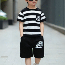 Boys’ Summer Striped Monster Truck Outfit – Black & White