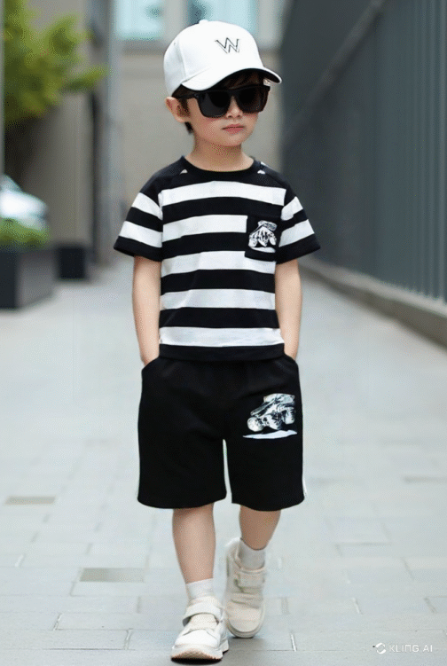 Boys' Summer Striped Monster Truck Outfit – Black & White