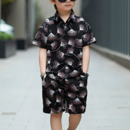 Elegant Floral Summer Linen Co-Ord Set – Black with White & Mauve Print
