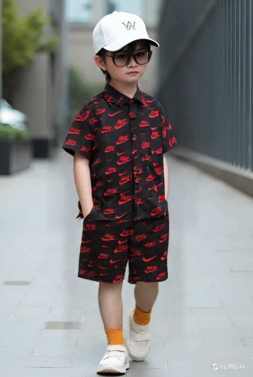 Bold Summer Linen Co-Ord Set – Black & Red Nike Print