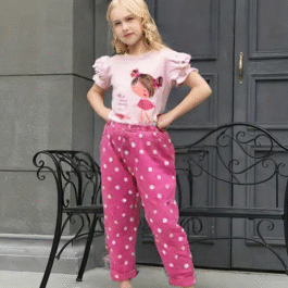 Girls’ Baby Pink Ruffle T-Shirt & Polka Dot Pajama Set